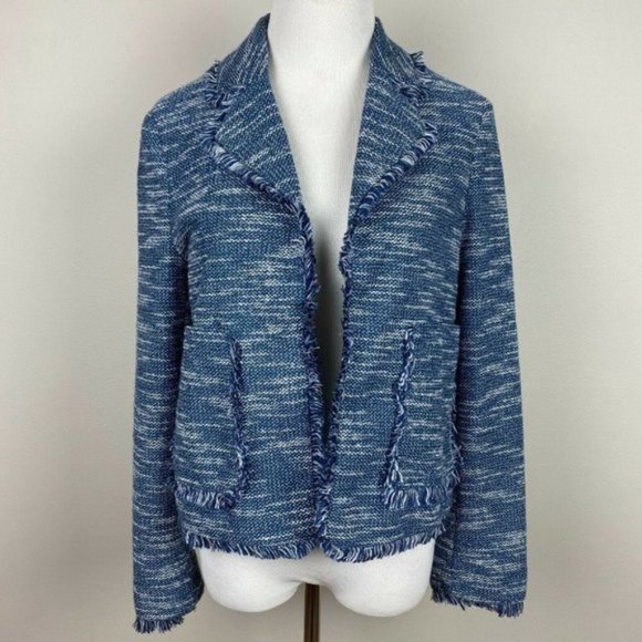 Topshop Blazer Jacket 6 Tweed‎ Fringe Blue White Open Pockets Career Womens New - Picture 1 of 11